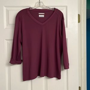 Columbia sun protection, three-quarter sleeve knit top. Color is plum